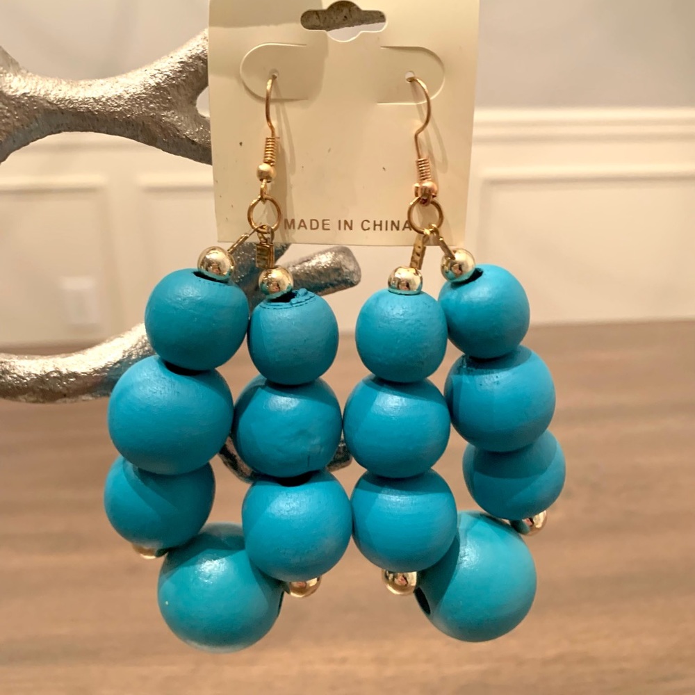 Teal Wood Bead Earrings